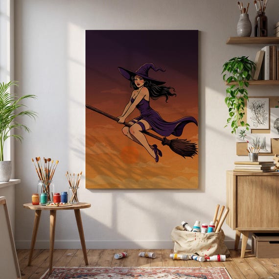Retro Witch Flying Broomstick Sunset Halloween Decor Wall Art