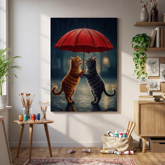 Romantic Cat Wall Art Cute Cats With Umbrella In Rain Cozy Animal Couple Poster Whimsical Feline Love Print Red Decor