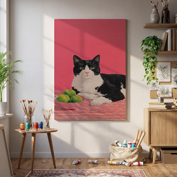 Black And White Cat With Bowl of Limes Pink Pop Art Animal Poster