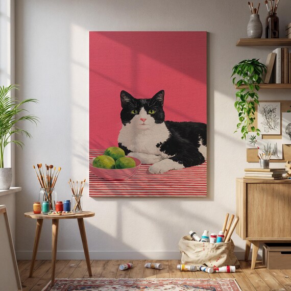 Black And White Cat With Limes Wall Art Bold Pop Style Feline On Striped Tablecloth Pink Background Quirky Pet Lover Decor