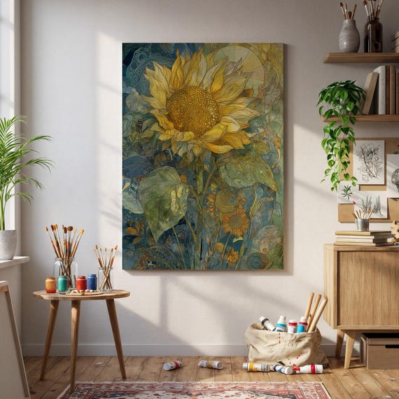 Vintage Sunflower Wall Art Print Elegant Yellow Floral Botanical Illustration On Blue Green Background Nature Home Decor Poster