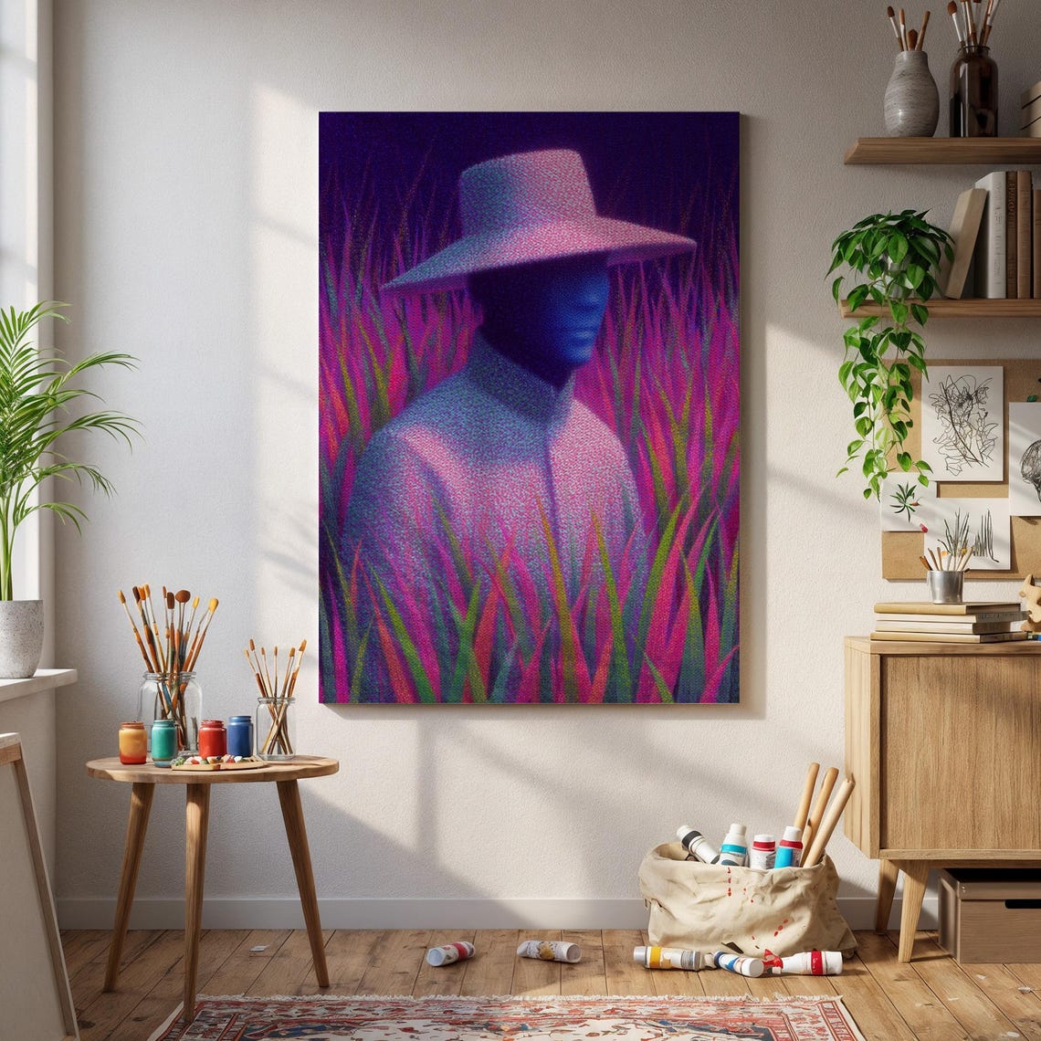 Surreal Man In Hat Neon Purple Grass Field Psychedelic Art Poster