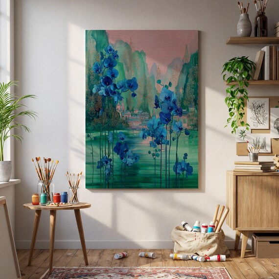 Framed Blue Orchid Canvas Wall Art Tranquil Floral Landscape Print Serene Asian Nature Decor For Bedroom Zen Gift Flower Lovers