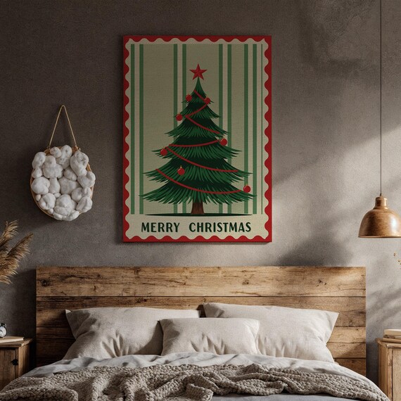 Merry Christmas Tree Vintage Postage Stamp Retro Holiday Poster Art