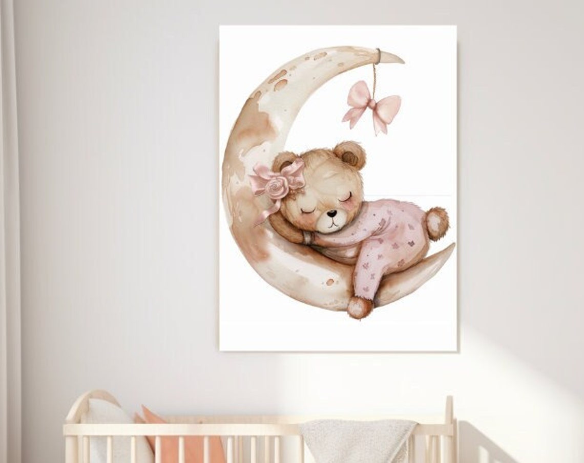 Baby Girl Teddy Bear Sleeping On Cream Crescent Moon Nursery Print