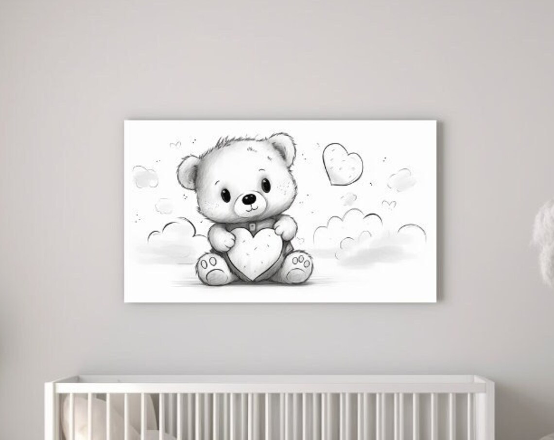 Cute Teddy Bear Holding Heart Among Clouds Nursery Wall Art Poster