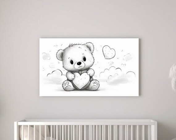 Cute Teddy Bear Holding Heart Among Clouds Nursery Wall Art Poster
