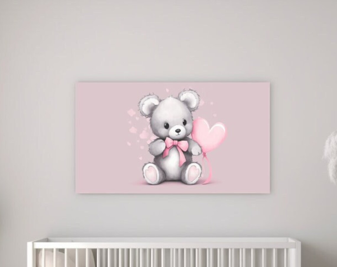 Cute Baby Bear Pink Heart Balloon Nursery Blush Kids Room Wall Art Print