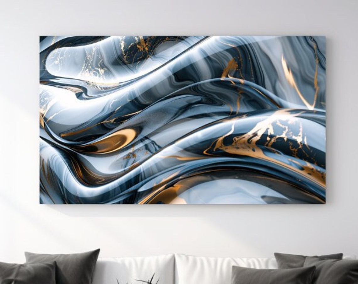 Blue Grey And Gold Glossy Marble Waves Luxury Sleek Abstract Poster