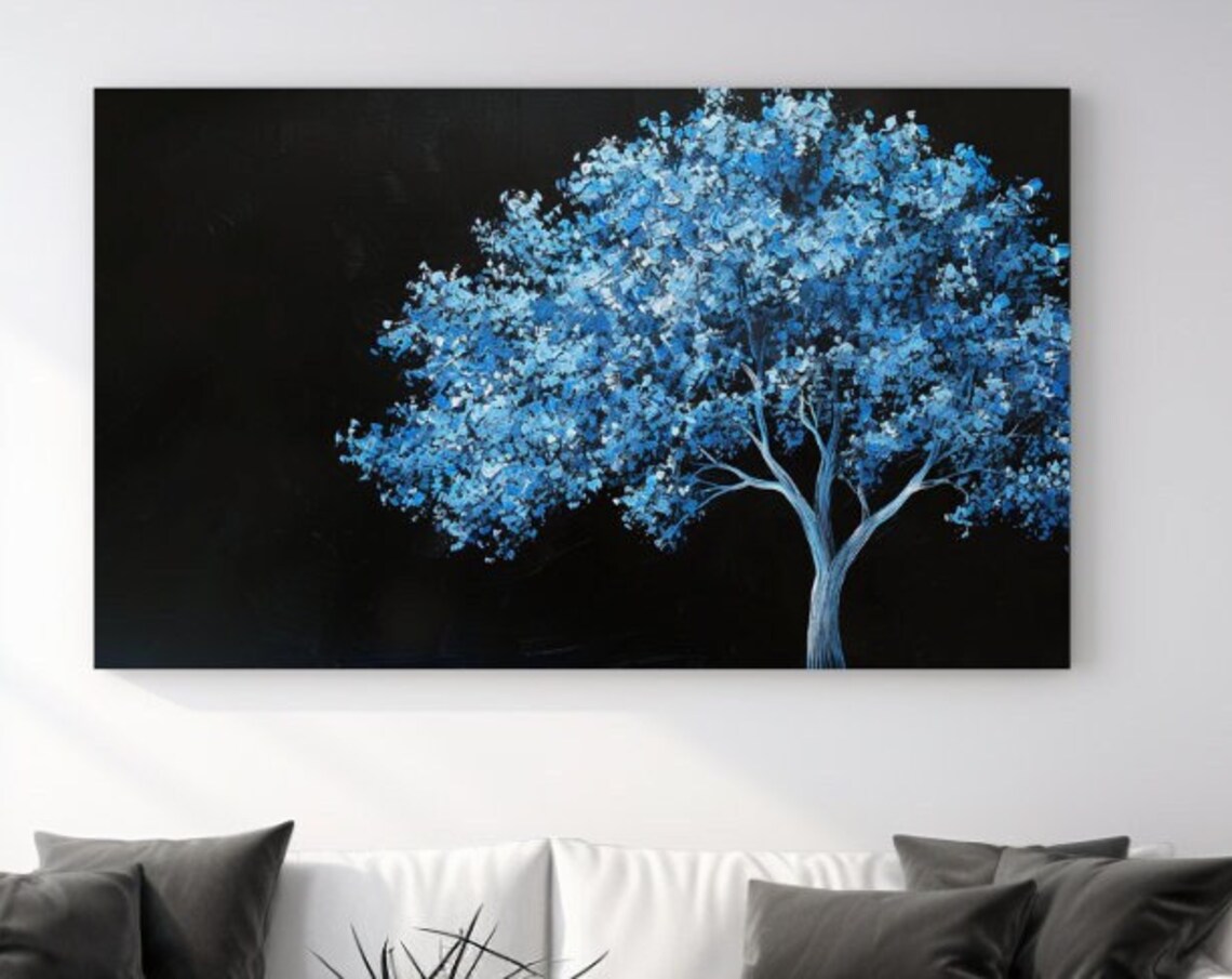 Blue Blossom Tree Painting On Black Night Magical Floral Blue Poster
