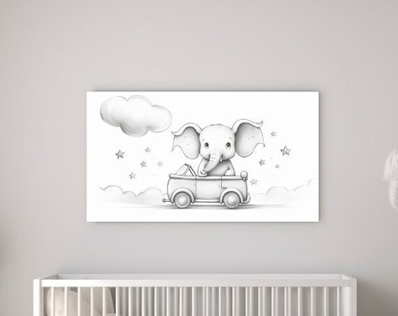 Baby Elephant Driving Car Cute Nursery Animal Wall Art Poster