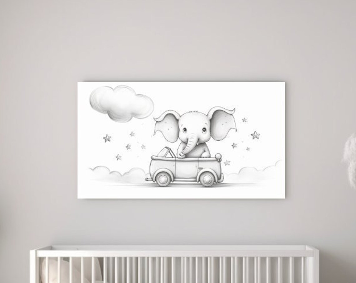 Baby Elephant Driving Car Cute Nursery Animal Wall Art Poster