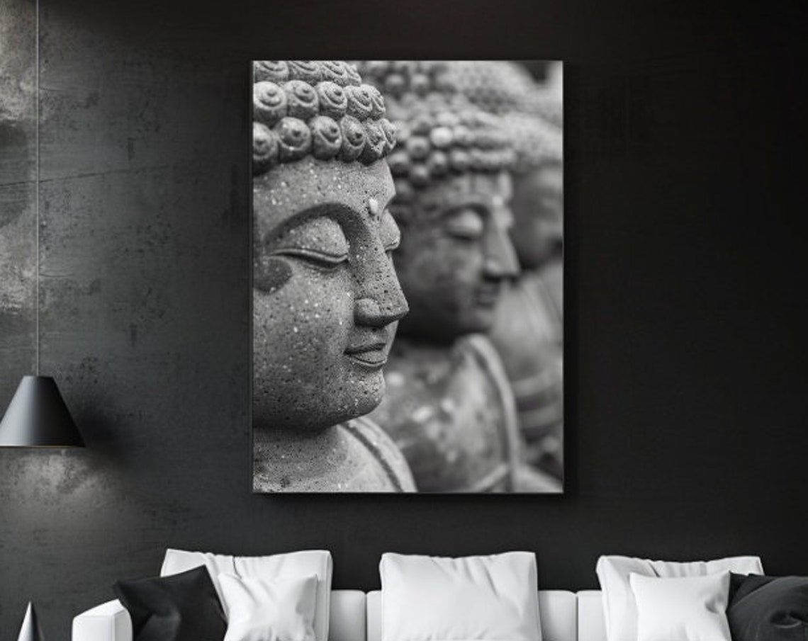 Buddha Statue Face Black and White Serene Spiritual Zen Wall Art