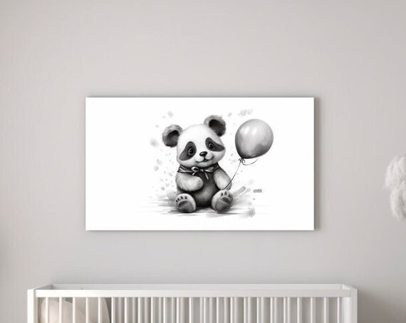 Baby Panda Holding Balloon Black And White Nursery Watercolor Poster