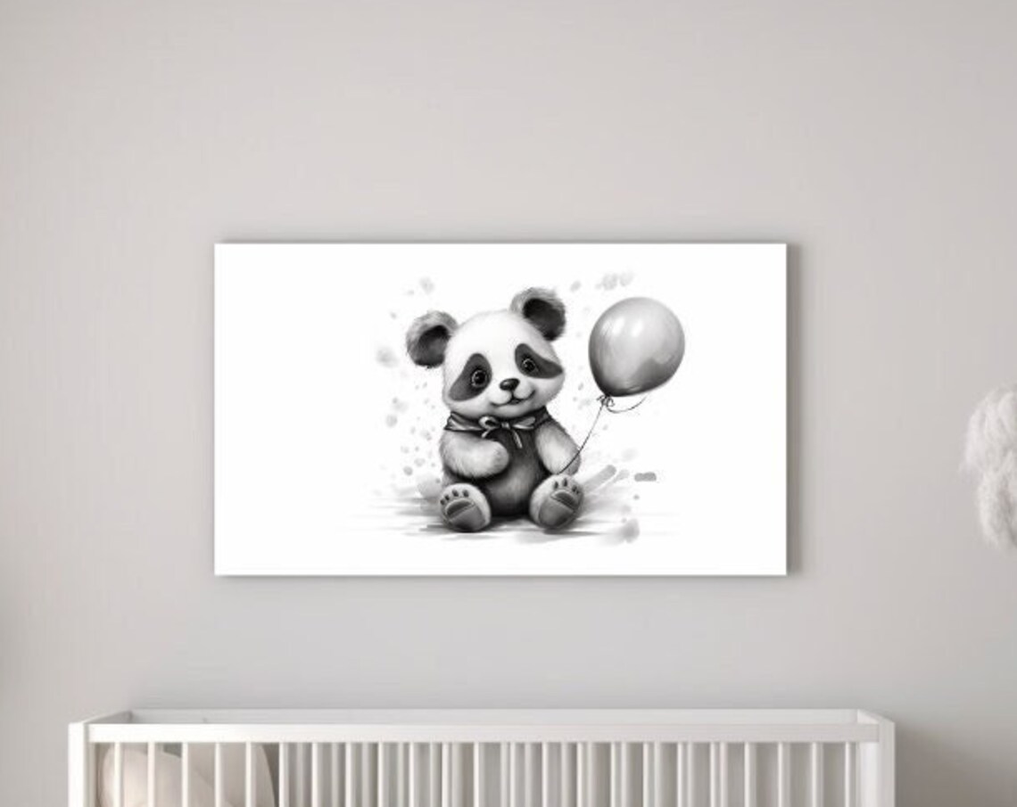 Baby Panda Holding Balloon Black And White Nursery Watercolor Poster