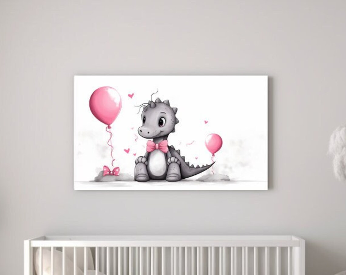Baby Girl Dinosaur With Pink Bow And Balloons Nursery Wall Art Poster