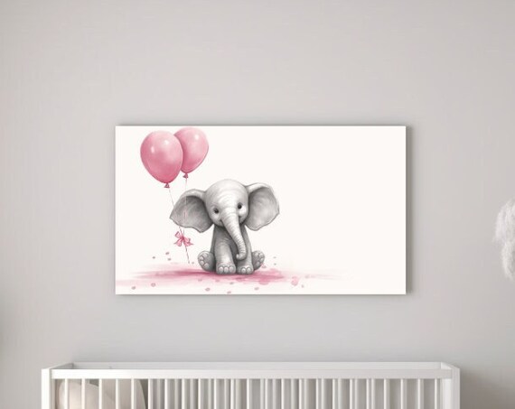 Baby Elephant With Pink Balloons Watercolor Girl Nursery Art Poster