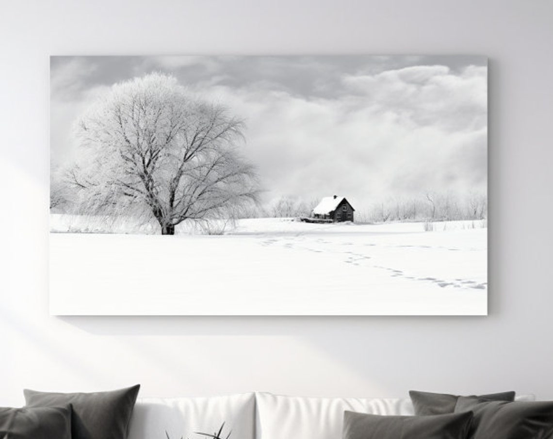 Frosted Tree and Snowy Cabin Winter Landscape Grayscale Print