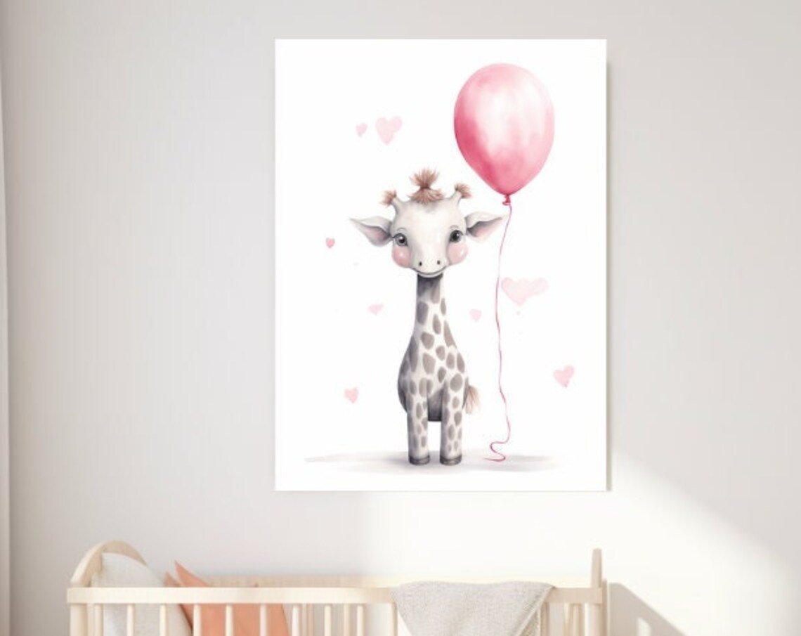 Cute Baby Giraffe With Pink Balloon And Hearts Nursery Art Poster