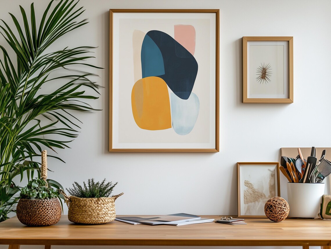 Pastel Abstract Shapes Navy Teal Mustard Blush Minimalist Poster - Image 2