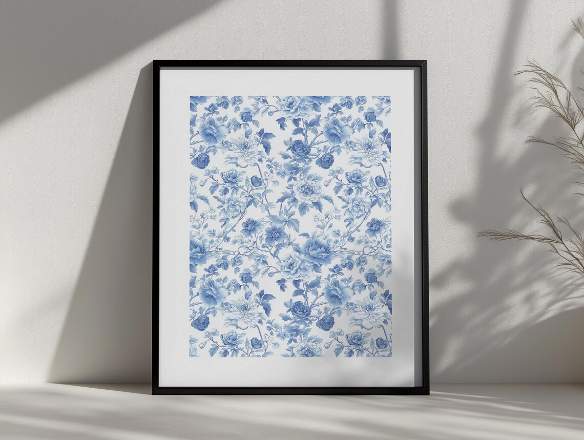 Blue Toile De Jouy Floral Poster Chinoiserie English Garden Flower Art - Image 3