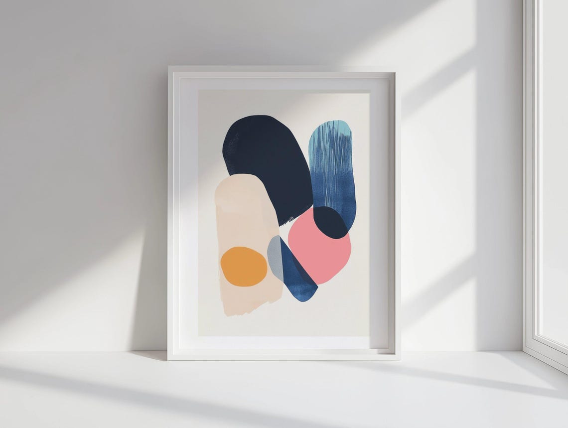 Navy Pink and Ochre Organic Abstract Shapes Modern Living Room Poster - Image 3