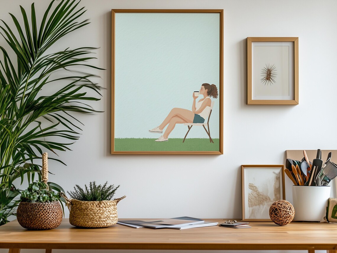 Relaxed Woman Morning Coffee Minimalist Outdoor Chair Poster - Image 2