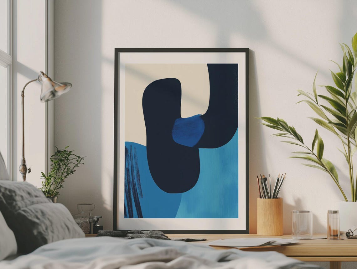 Dark Navy U Shape Abstract on Cobalt Blue Field Modern Poster - Image 2