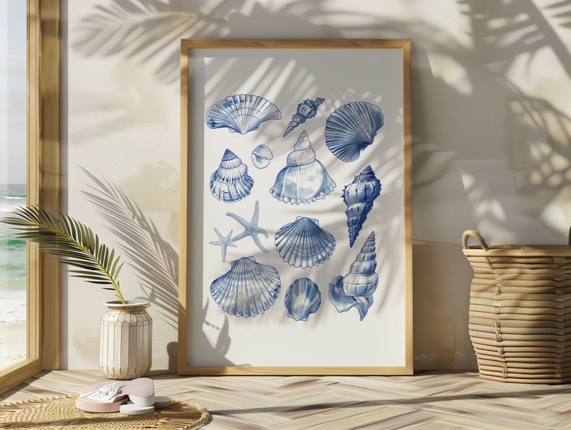 Blue Seashells Starfish Watercolor Collage Coastal Beach Poster - Image 2