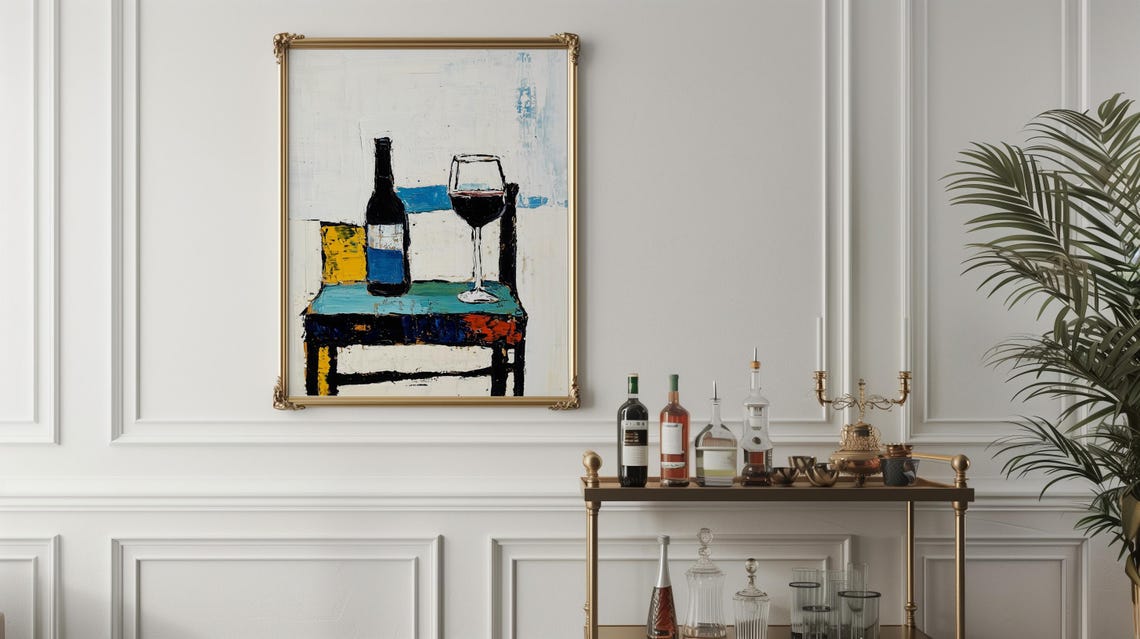 Wine Bottle and Glass Abstract Oil Painting Still Life Poster - Image 3