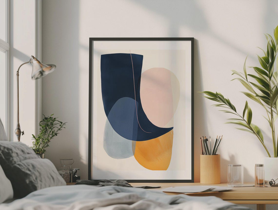 Elegant Navy Blush and Gold Organic Curves Abstract Modern Poster - Image 4
