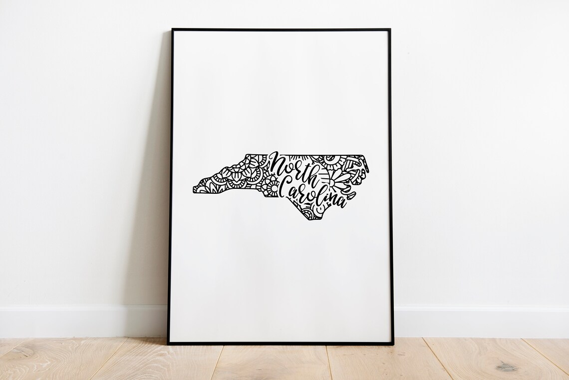 North Carolina Floral Mandala State Outline Map Black White Home Decor Poster - Image 2
