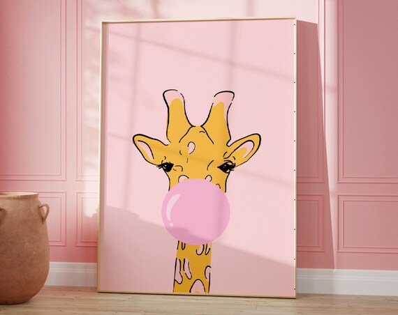 Giraffe Blowing Bubble Gum Cute Pink Pop Art Kids Room Poster
