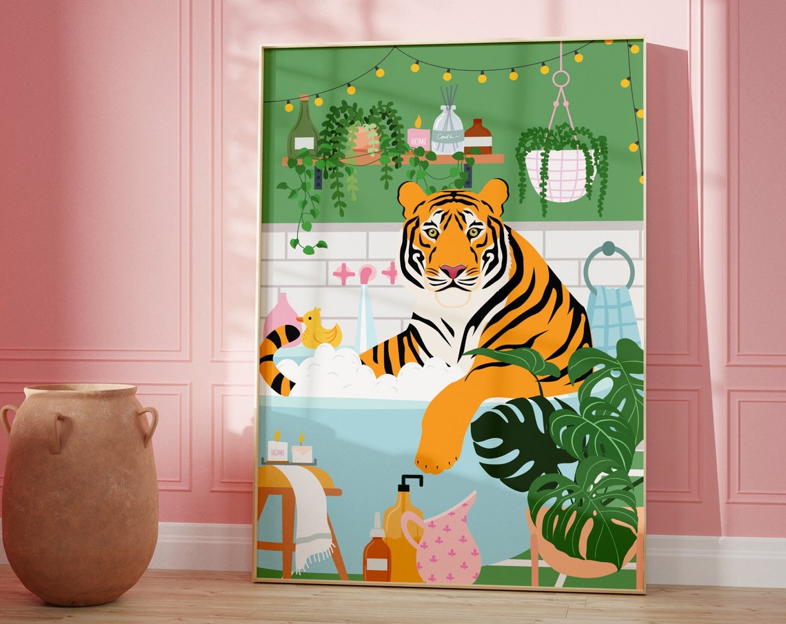 Playful Tiger in a Bubble Bath Whimsical Bathroom Art Poster