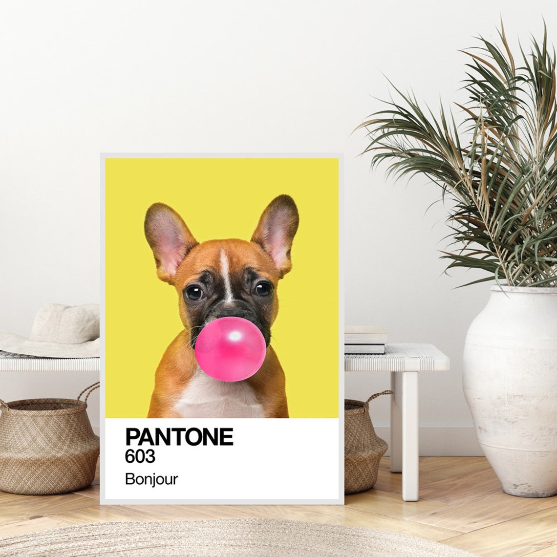 French Bulldog Blowing Pink Bubblegum Pantone 603 Bonjour Dog Poster - Image 3