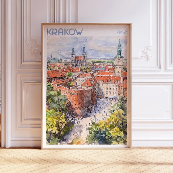 Krakow Poland Old Town Square Vintage Watercolor Travel Poster