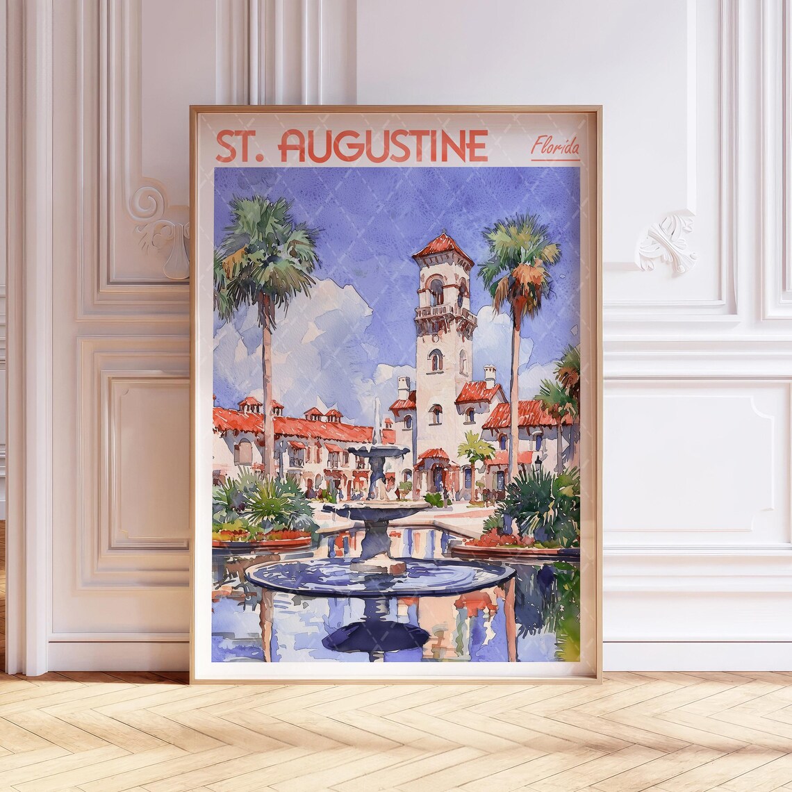St Augustine Florida Spanish Colonial Fountain Watercolor Travel Poster