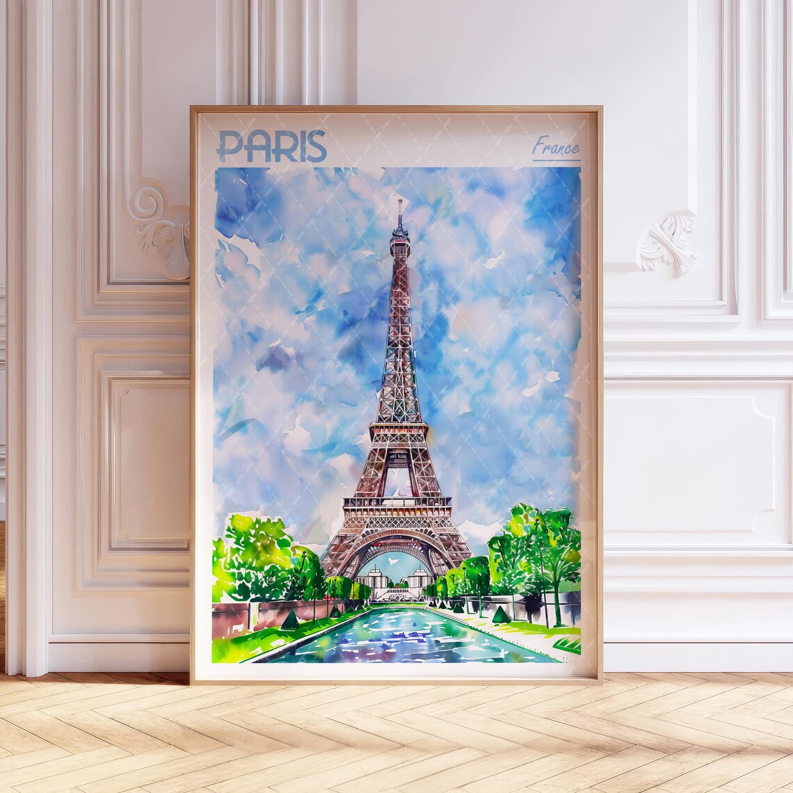 Paris France Eiffel Tower Spring Garden Watercolor Travel Poster