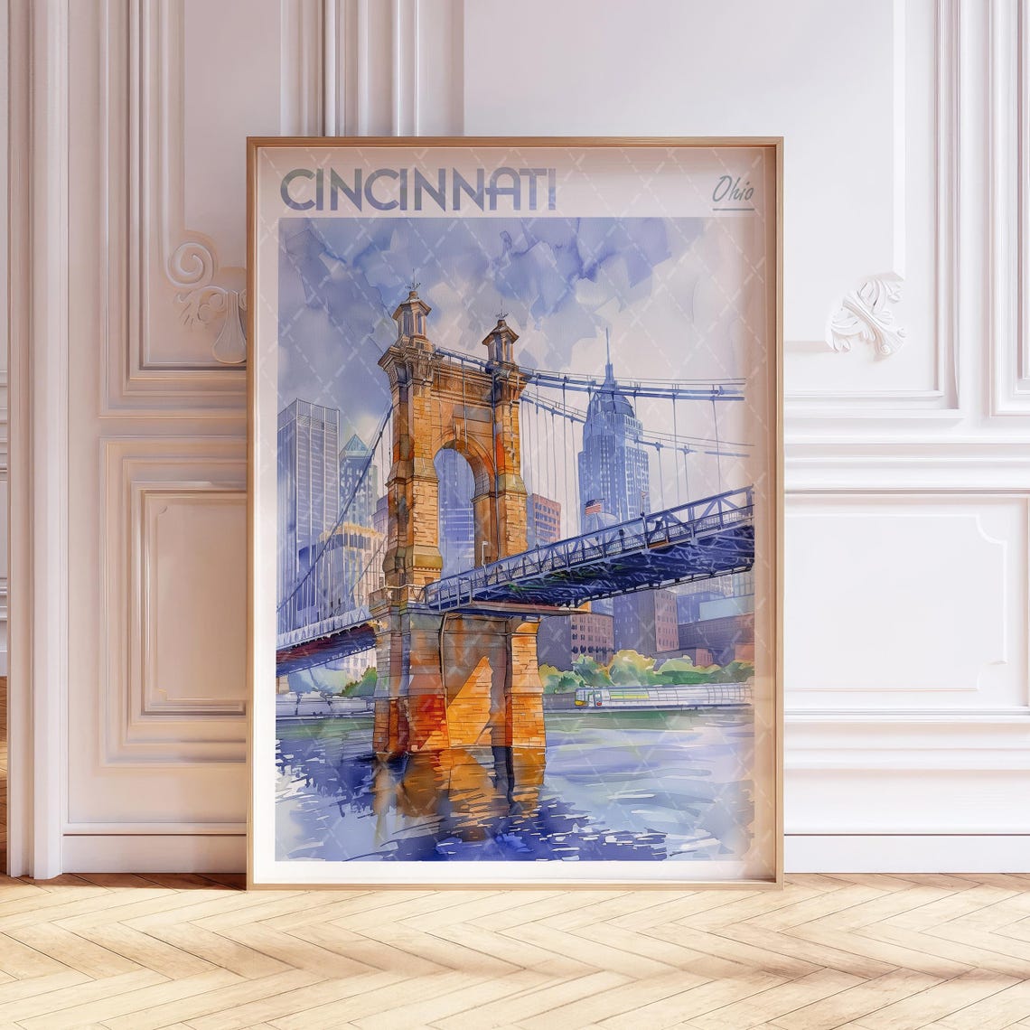 Cincinnati Ohio Roebling Suspension Bridge Watercolor Poster