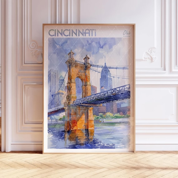 Cincinnati Ohio Roebling Suspension Bridge Watercolor Poster