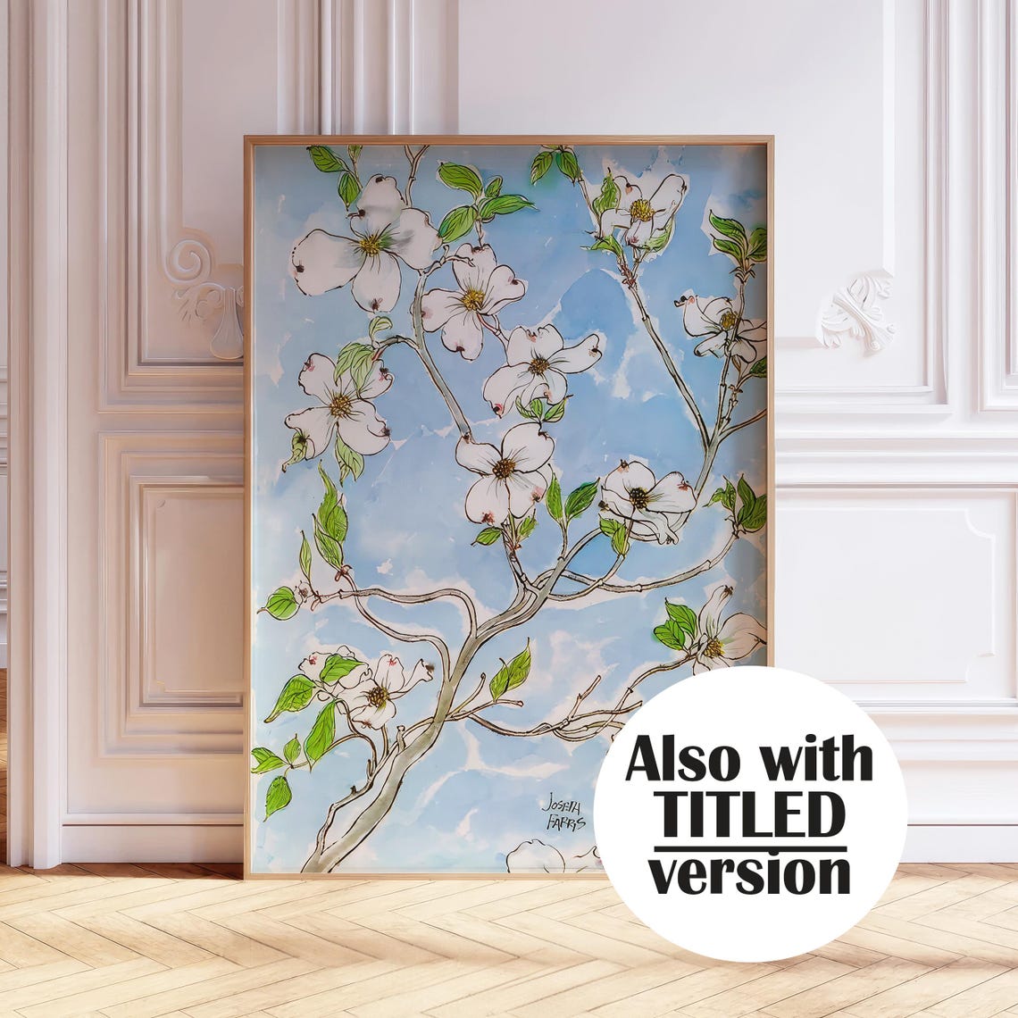 White Dogwood Blossoms Poster Delicate Floral Line Art On Blue Sky
