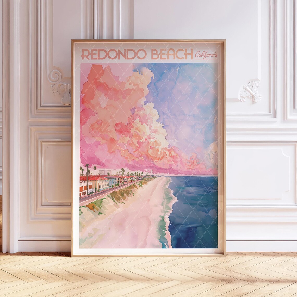 Redondo Beach Watercolor Travel Poster, Coastal Art