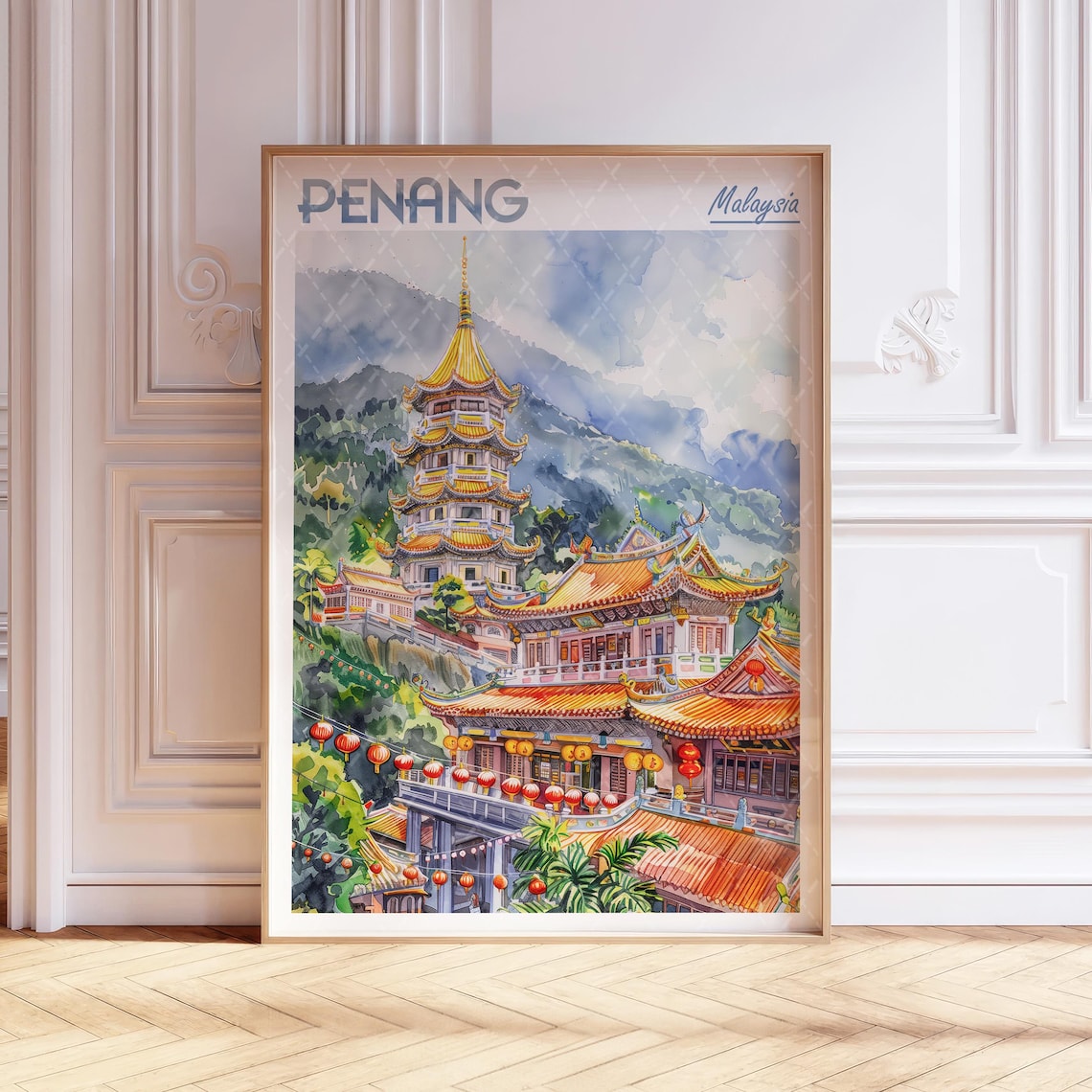 Penang Malaysia Golden Temple Pagoda Watercolor Travel Poster