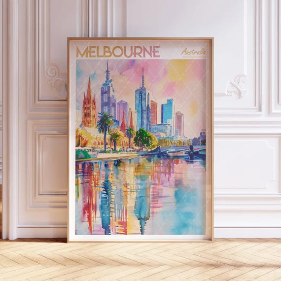 Melbourne Watercolor Poster Wall Art Australia Travel City Pastel Colors
