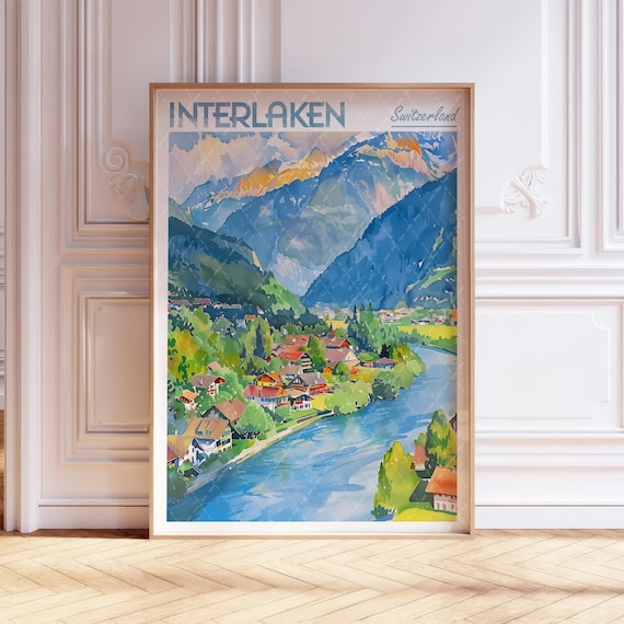 Interlaken Watercolor Travel Poster, Switzerland