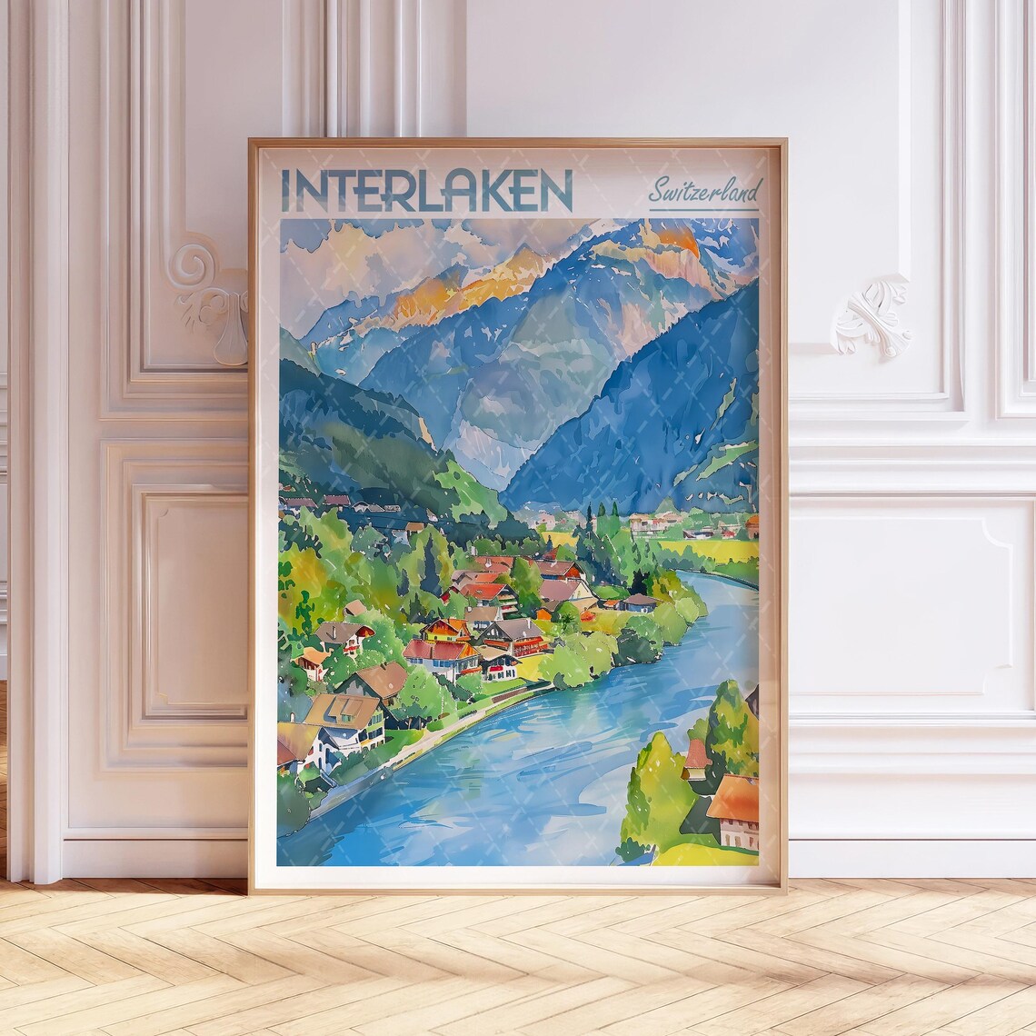 Interlaken Watercolor Travel Poster, Switzerland