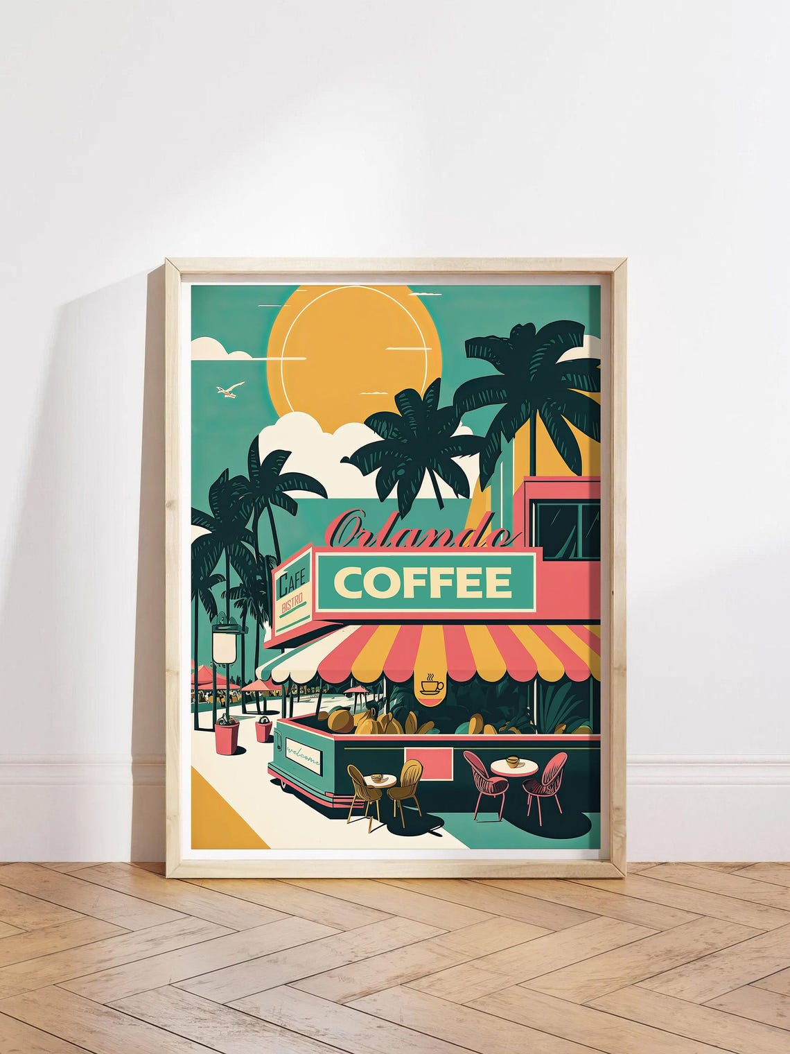 Orlando Coffee Bistro Retro Palm Trees Sunshine Vintage Travel Poster
