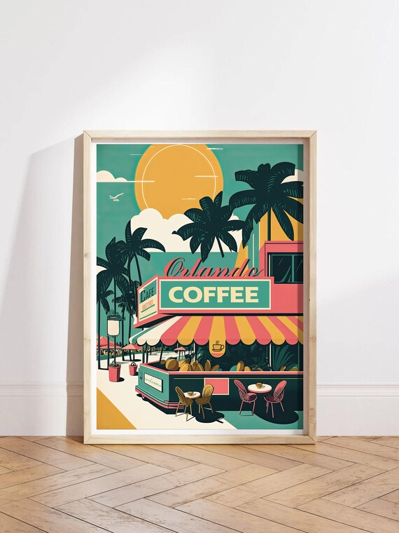 Orlando Coffee Bistro Retro Palm Trees Sunshine Vintage Travel Poster