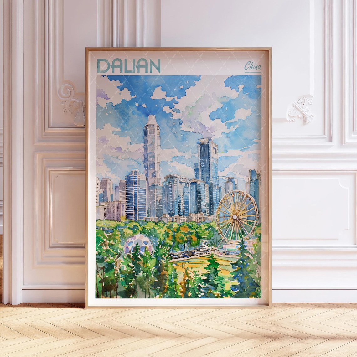 Dalian China Skyline Watercolor Travel Poster Ferris Wheel City Art