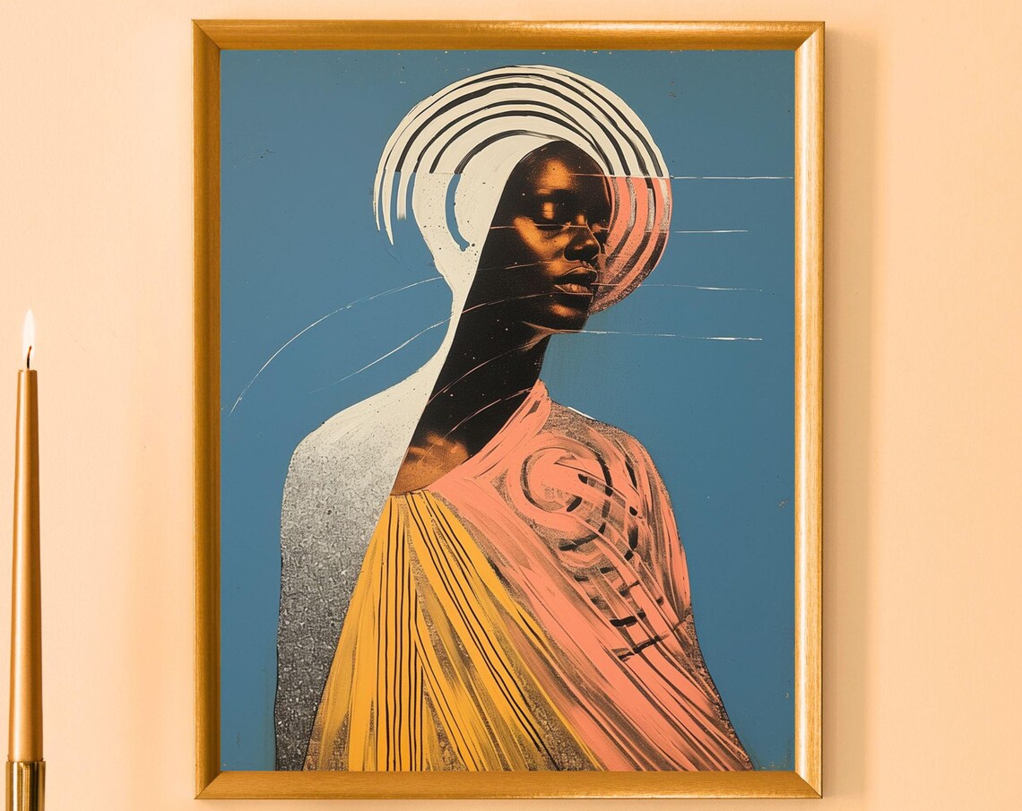 African Woman Striped Halo Portrait Blue Background Modern Art Print
